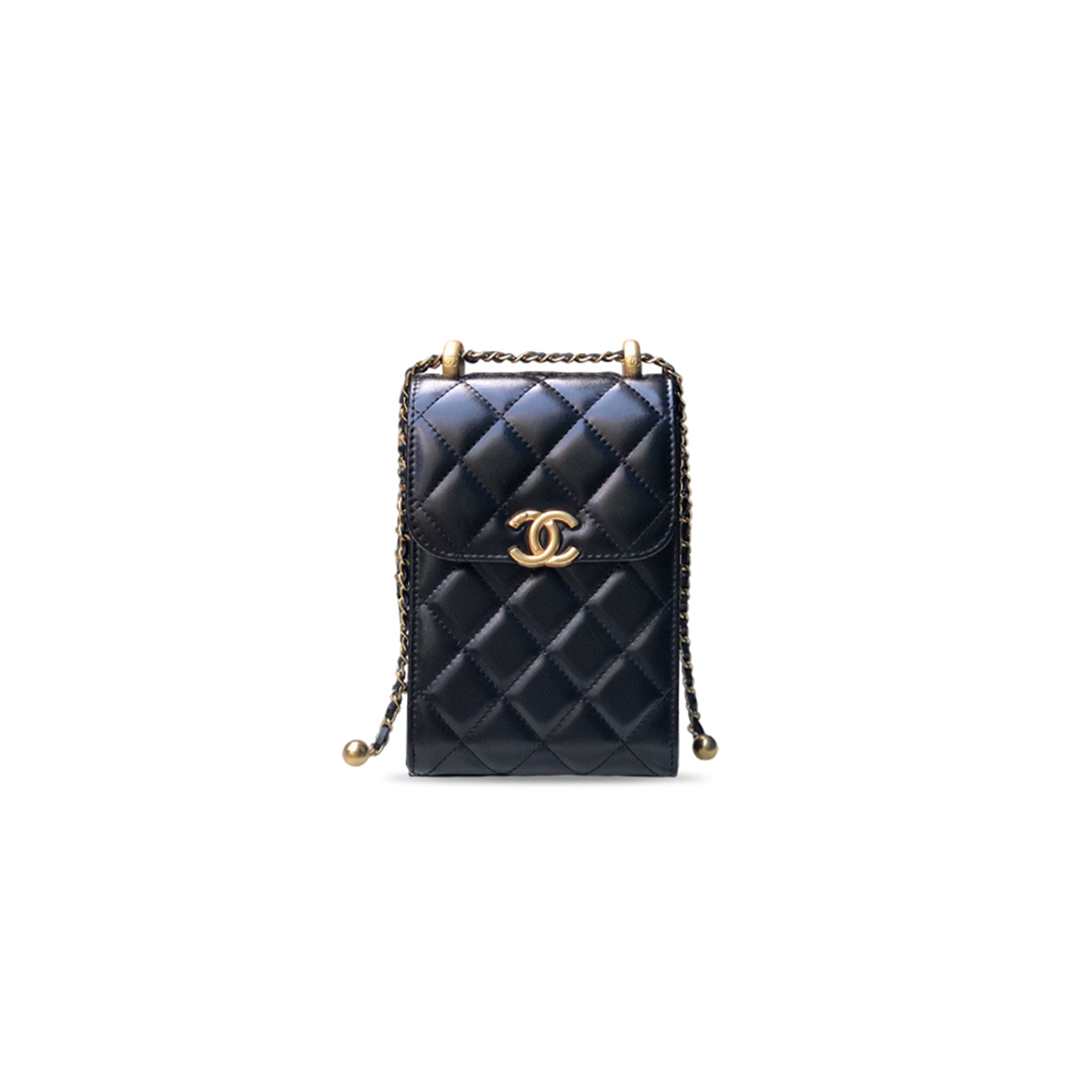 CHANEL LAMBSKIN QUILTED PEARL CRUSH PHONE HOLDER WITH CHAIN BLACK AP2291 (15*10.5*6.5cm)